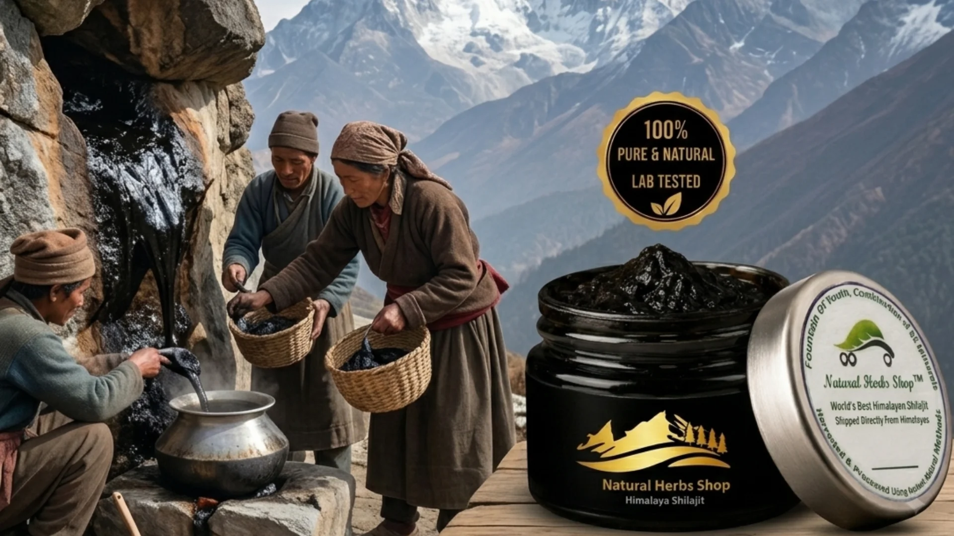 Raccolta ed estrazione dello Shilajit puro ad alta quota nelle montagne dell'Himalaya